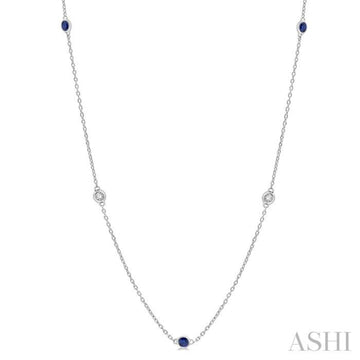 2.25 MM Sapphire and 1/4 Ctw Round Cut Diamond Precious Station Necklace in 14K White Gold